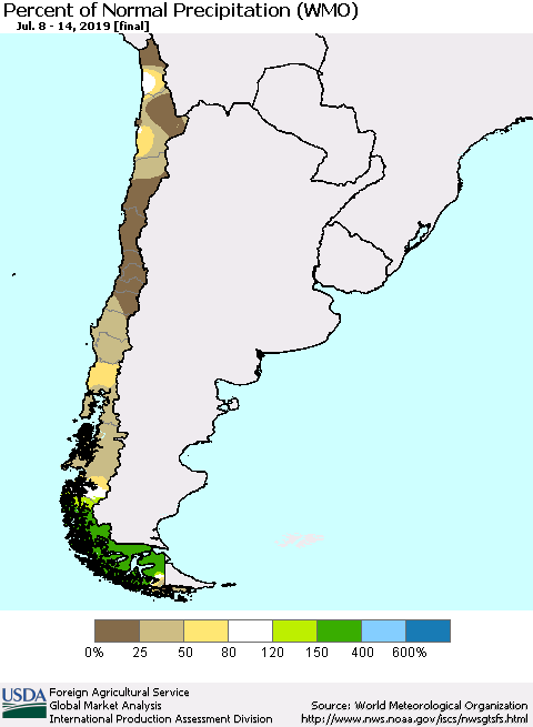 Chile Percent of Normal Precipitation (WMO) Thematic Map For 7/8/2019 - 7/14/2019