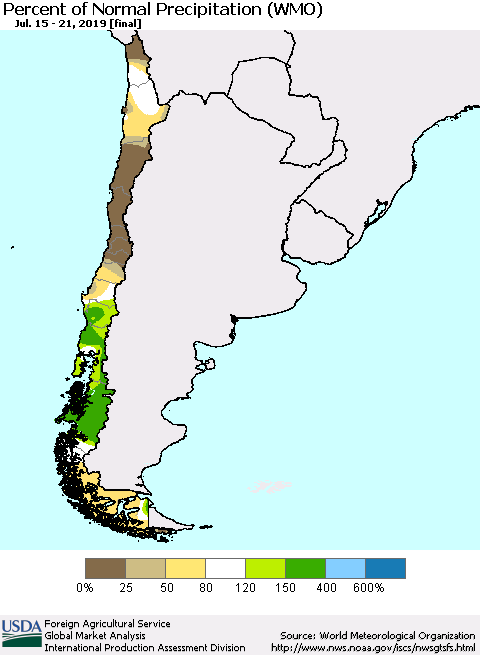 Chile Percent of Normal Precipitation (WMO) Thematic Map For 7/15/2019 - 7/21/2019