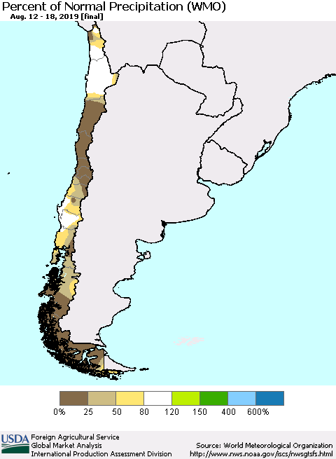 Chile Percent of Normal Precipitation (WMO) Thematic Map For 8/12/2019 - 8/18/2019
