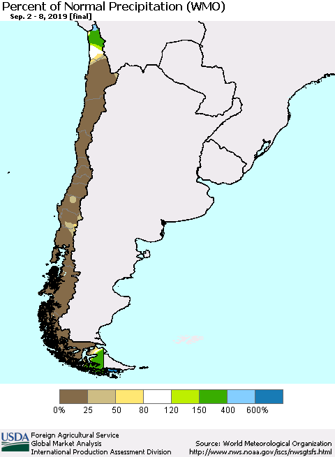 Chile Percent of Normal Precipitation (WMO) Thematic Map For 9/2/2019 - 9/8/2019