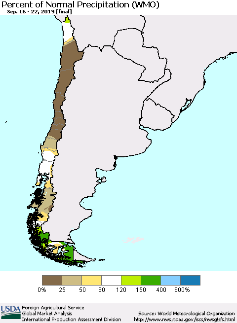 Chile Percent of Normal Precipitation (WMO) Thematic Map For 9/16/2019 - 9/22/2019