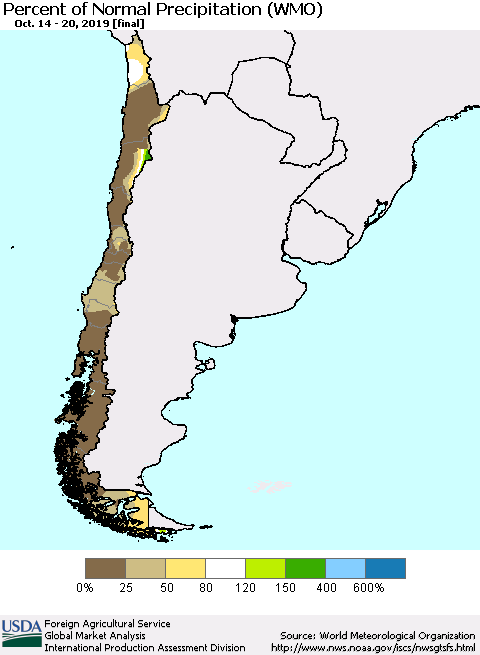 Chile Percent of Normal Precipitation (WMO) Thematic Map For 10/14/2019 - 10/20/2019
