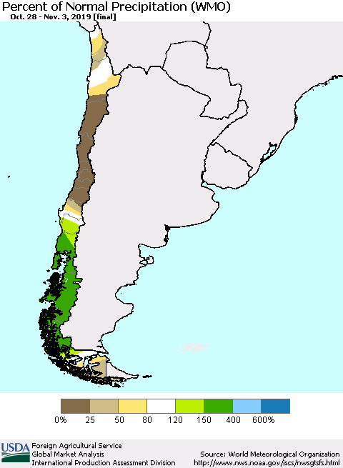 Chile Percent of Normal Precipitation (WMO) Thematic Map For 10/28/2019 - 11/3/2019