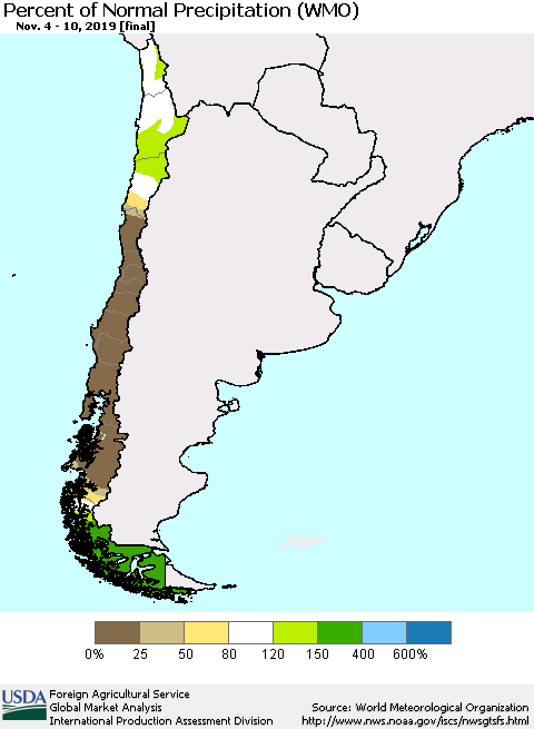Chile Percent of Normal Precipitation (WMO) Thematic Map For 11/4/2019 - 11/10/2019