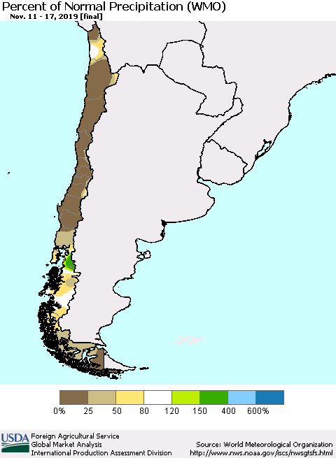 Chile Percent of Normal Precipitation (WMO) Thematic Map For 11/11/2019 - 11/17/2019