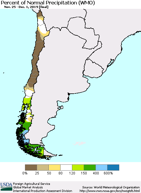 Chile Percent of Normal Precipitation (WMO) Thematic Map For 11/25/2019 - 12/1/2019