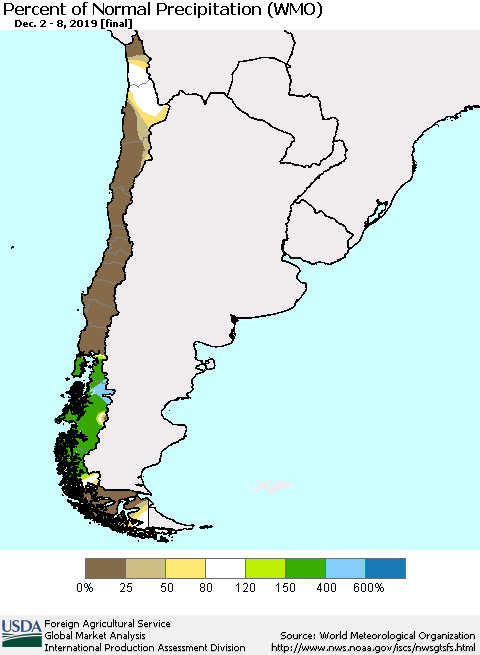 Chile Percent of Normal Precipitation (WMO) Thematic Map For 12/2/2019 - 12/8/2019