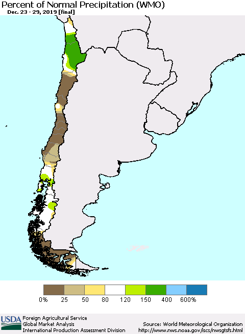 Chile Percent of Normal Precipitation (WMO) Thematic Map For 12/23/2019 - 12/29/2019