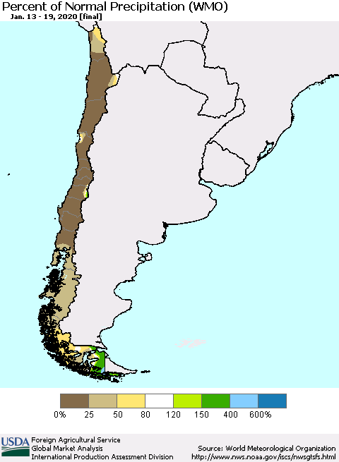 Chile Percent of Normal Precipitation (WMO) Thematic Map For 1/13/2020 - 1/19/2020