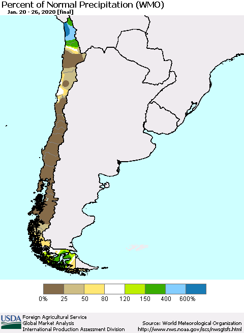 Chile Percent of Normal Precipitation (WMO) Thematic Map For 1/20/2020 - 1/26/2020