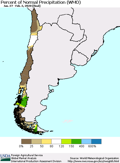 Chile Percent of Normal Precipitation (WMO) Thematic Map For 1/27/2020 - 2/2/2020