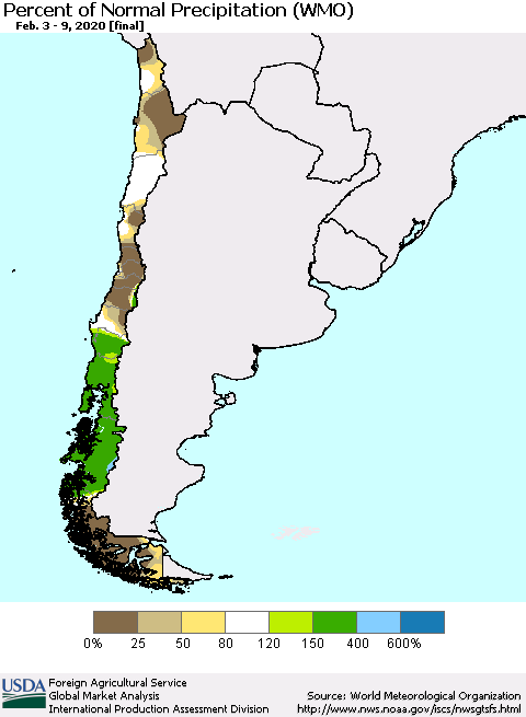 Chile Percent of Normal Precipitation (WMO) Thematic Map For 2/3/2020 - 2/9/2020