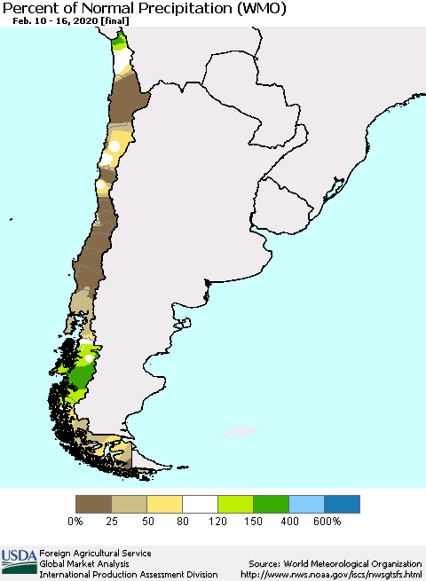 Chile Percent of Normal Precipitation (WMO) Thematic Map For 2/10/2020 - 2/16/2020
