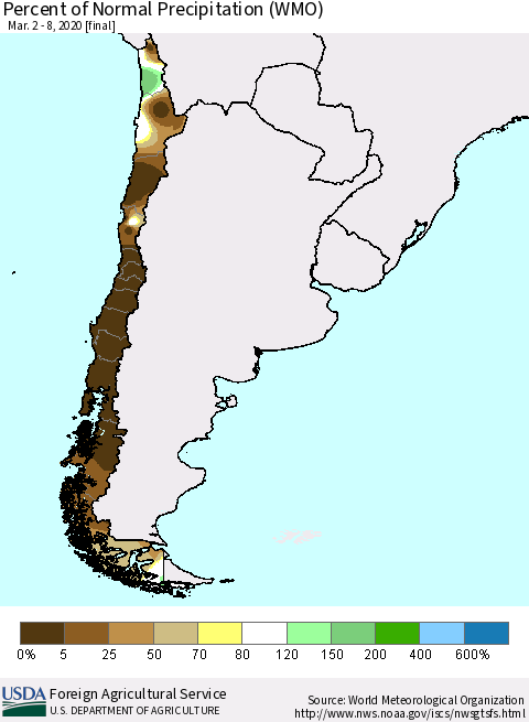 Chile Percent of Normal Precipitation (WMO) Thematic Map For 3/2/2020 - 3/8/2020