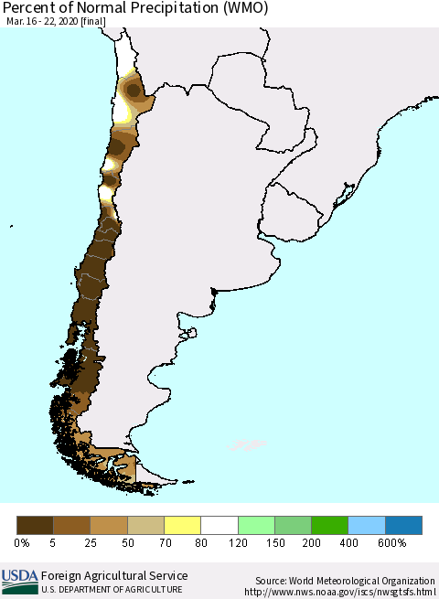 Chile Percent of Normal Precipitation (WMO) Thematic Map For 3/16/2020 - 3/22/2020