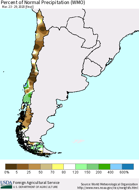 Chile Percent of Normal Precipitation (WMO) Thematic Map For 3/23/2020 - 3/29/2020