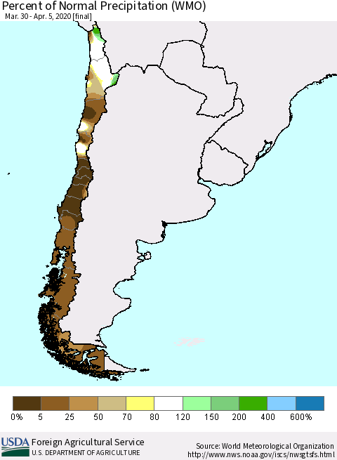 Chile Percent of Normal Precipitation (WMO) Thematic Map For 3/30/2020 - 4/5/2020