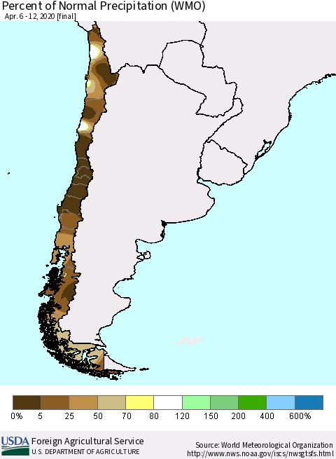 Chile Percent of Normal Precipitation (WMO) Thematic Map For 4/6/2020 - 4/12/2020