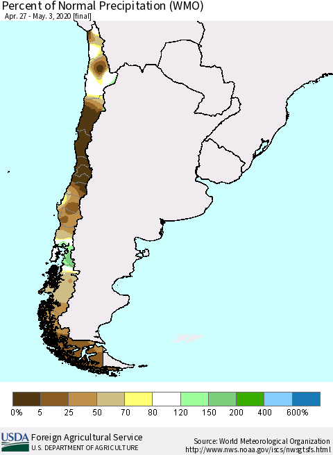 Chile Percent of Normal Precipitation (WMO) Thematic Map For 4/27/2020 - 5/3/2020