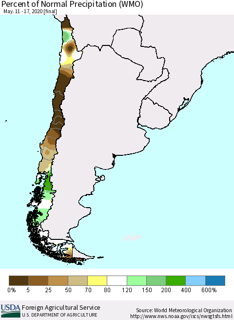 Chile Percent of Normal Precipitation (WMO) Thematic Map For 5/11/2020 - 5/17/2020