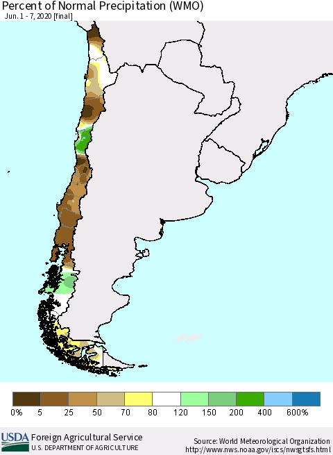 Chile Percent of Normal Precipitation (WMO) Thematic Map For 6/1/2020 - 6/7/2020
