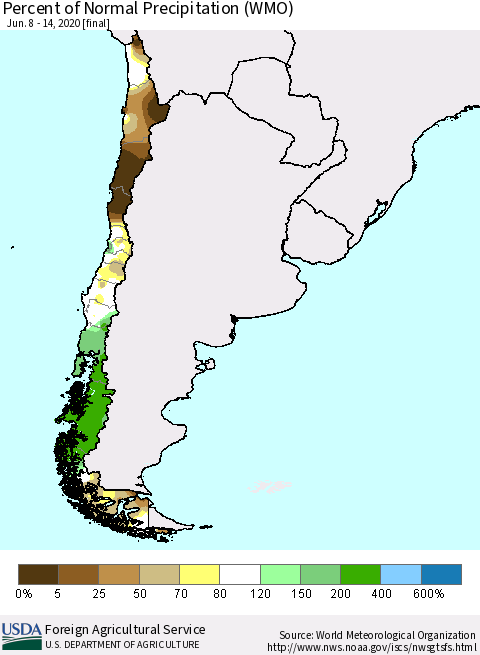 Chile Percent of Normal Precipitation (WMO) Thematic Map For 6/8/2020 - 6/14/2020