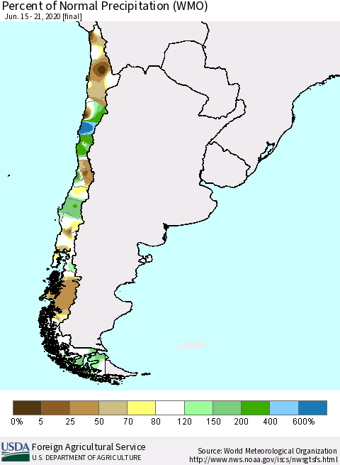 Chile Percent of Normal Precipitation (WMO) Thematic Map For 6/15/2020 - 6/21/2020