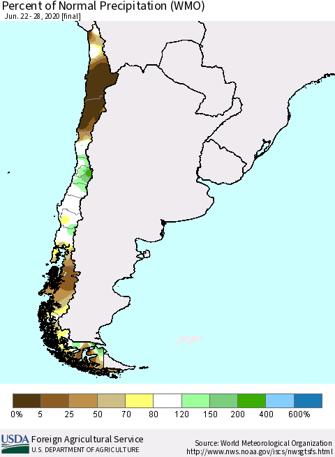 Chile Percent of Normal Precipitation (WMO) Thematic Map For 6/22/2020 - 6/28/2020