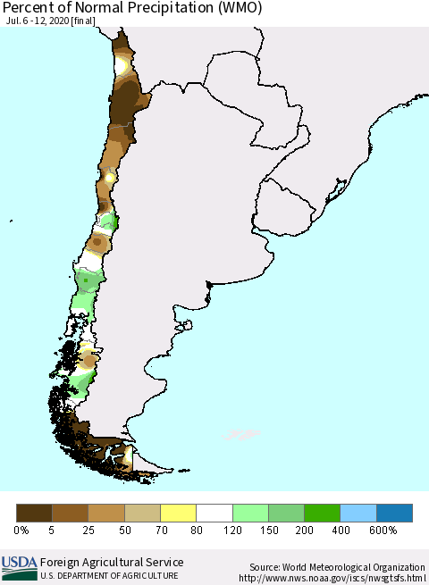 Chile Percent of Normal Precipitation (WMO) Thematic Map For 7/6/2020 - 7/12/2020