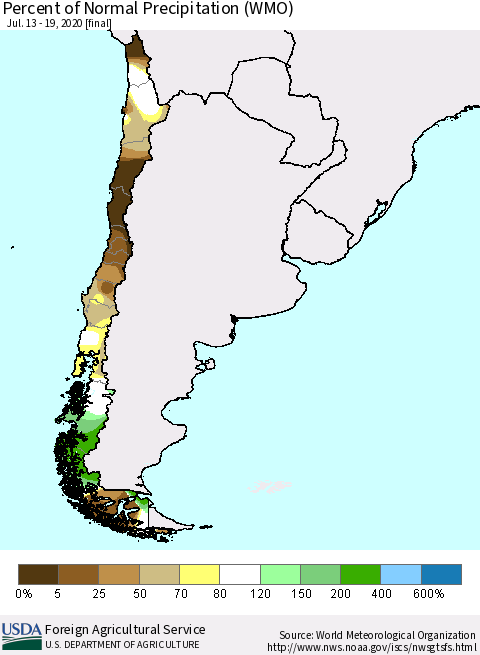 Chile Percent of Normal Precipitation (WMO) Thematic Map For 7/13/2020 - 7/19/2020