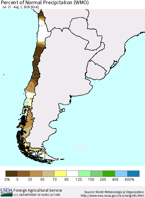 Chile Percent of Normal Precipitation (WMO) Thematic Map For 7/27/2020 - 8/2/2020