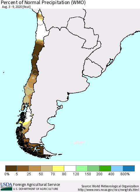 Chile Percent of Normal Precipitation (WMO) Thematic Map For 8/3/2020 - 8/9/2020