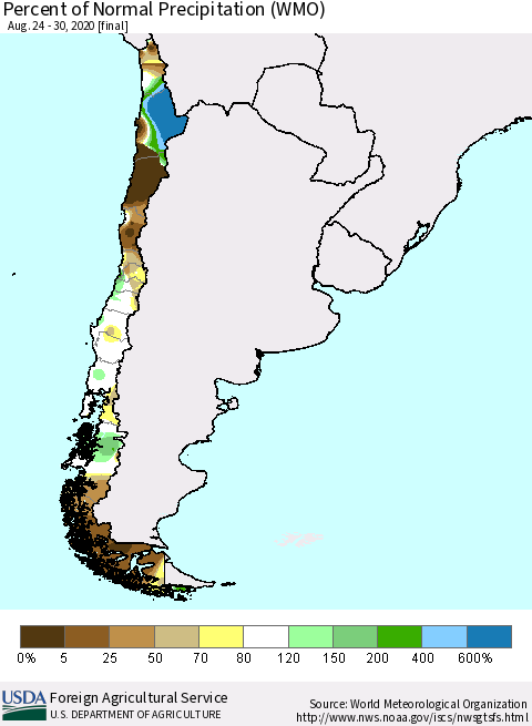 Chile Percent of Normal Precipitation (WMO) Thematic Map For 8/24/2020 - 8/30/2020