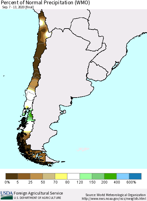 Chile Percent of Normal Precipitation (WMO) Thematic Map For 9/7/2020 - 9/13/2020