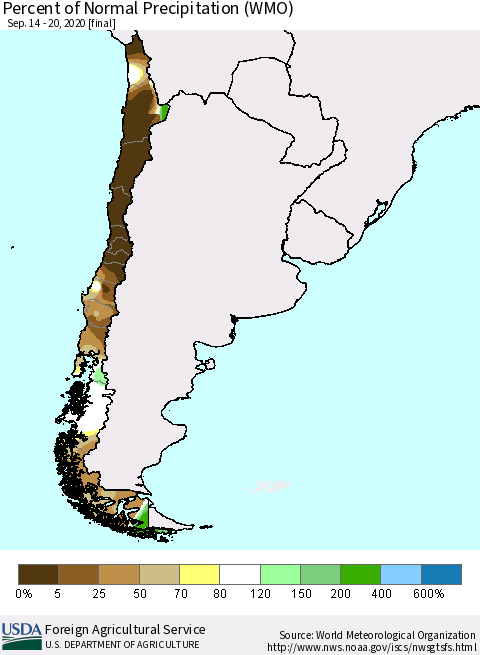 Chile Percent of Normal Precipitation (WMO) Thematic Map For 9/14/2020 - 9/20/2020