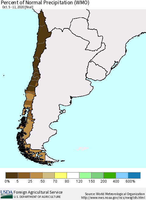 Chile Percent of Normal Precipitation (WMO) Thematic Map For 10/5/2020 - 10/11/2020