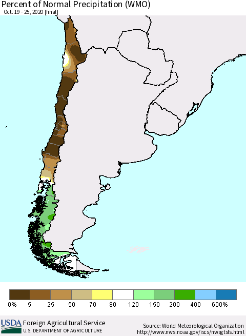 Chile Percent of Normal Precipitation (WMO) Thematic Map For 10/19/2020 - 10/25/2020