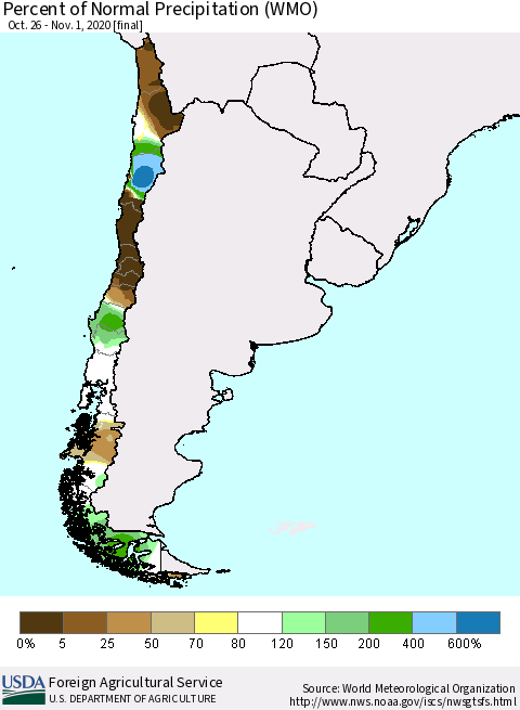 Chile Percent of Normal Precipitation (WMO) Thematic Map For 10/26/2020 - 11/1/2020