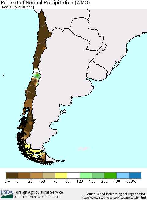 Chile Percent of Normal Precipitation (WMO) Thematic Map For 11/9/2020 - 11/15/2020
