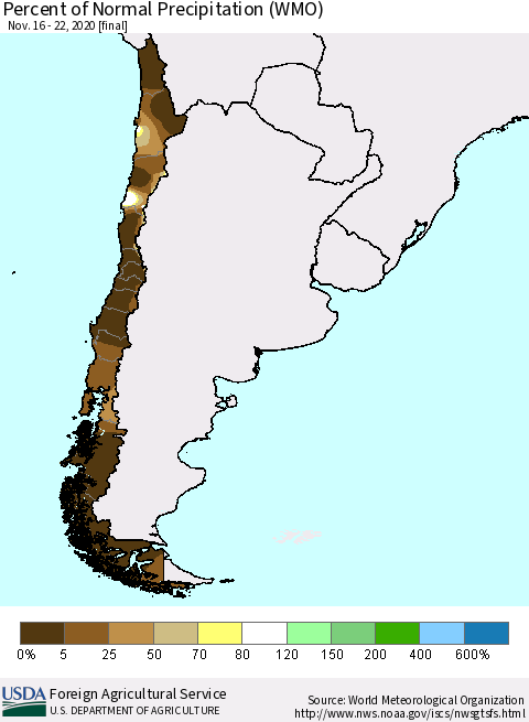 Chile Percent of Normal Precipitation (WMO) Thematic Map For 11/16/2020 - 11/22/2020