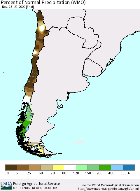 Chile Percent of Normal Precipitation (WMO) Thematic Map For 11/23/2020 - 11/29/2020