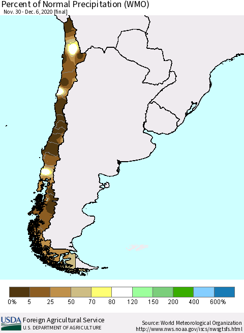Chile Percent of Normal Precipitation (WMO) Thematic Map For 11/30/2020 - 12/6/2020