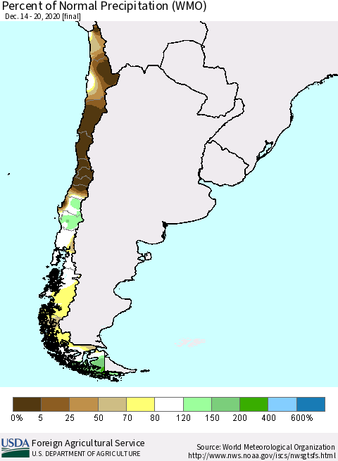 Chile Percent of Normal Precipitation (WMO) Thematic Map For 12/14/2020 - 12/20/2020