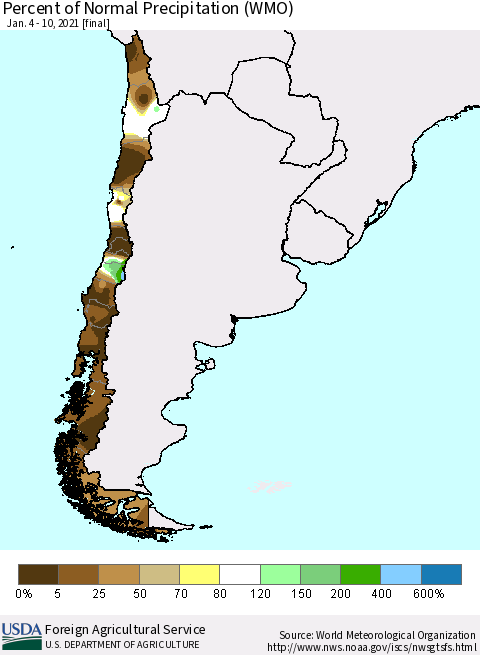 Chile Percent of Normal Precipitation (WMO) Thematic Map For 1/4/2021 - 1/10/2021