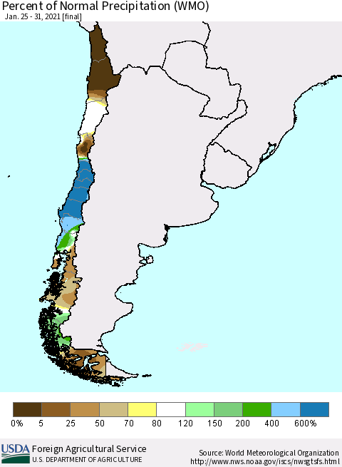Chile Percent of Normal Precipitation (WMO) Thematic Map For 1/25/2021 - 1/31/2021