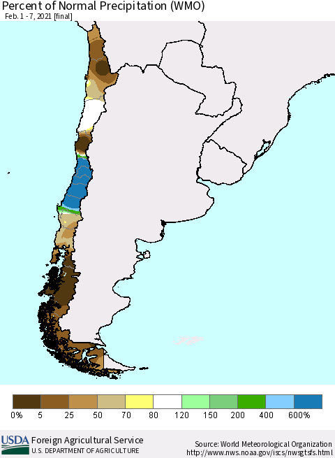 Chile Percent of Normal Precipitation (WMO) Thematic Map For 2/1/2021 - 2/7/2021