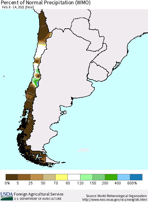 Chile Percent of Normal Precipitation (WMO) Thematic Map For 2/8/2021 - 2/14/2021