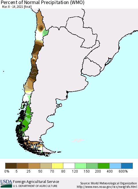 Chile Percent of Normal Precipitation (WMO) Thematic Map For 3/8/2021 - 3/14/2021