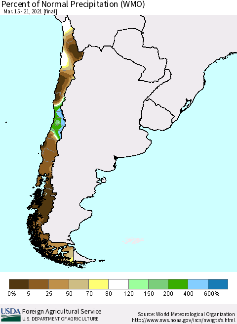 Chile Percent of Normal Precipitation (WMO) Thematic Map For 3/15/2021 - 3/21/2021