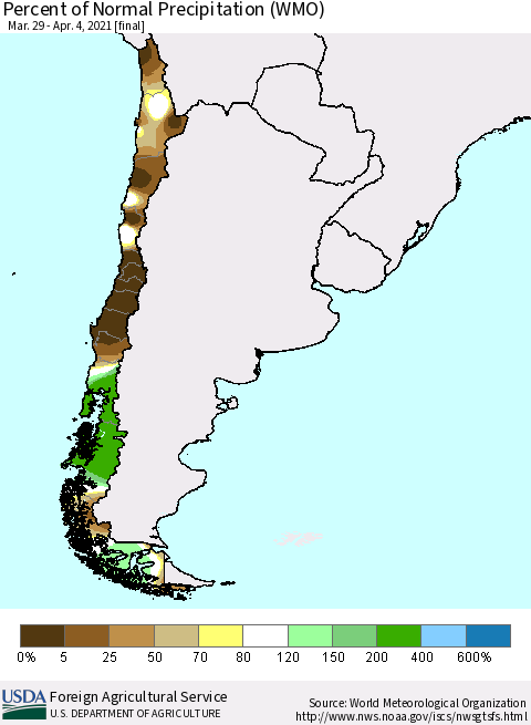 Chile Percent of Normal Precipitation (WMO) Thematic Map For 3/29/2021 - 4/4/2021